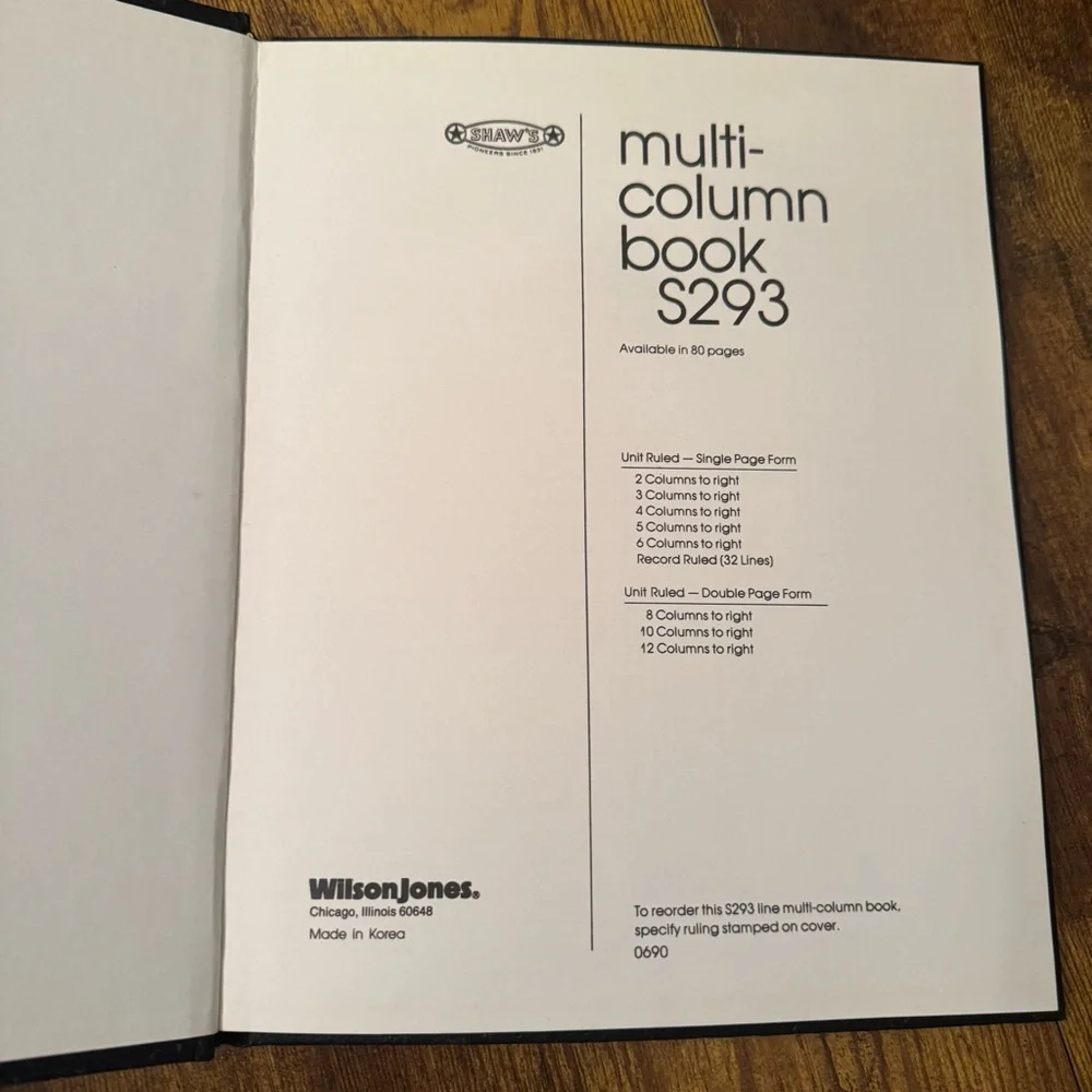 Wilson Jones 4 Column Account Book S293 Ledger Black Hardcover 80‎ Pages